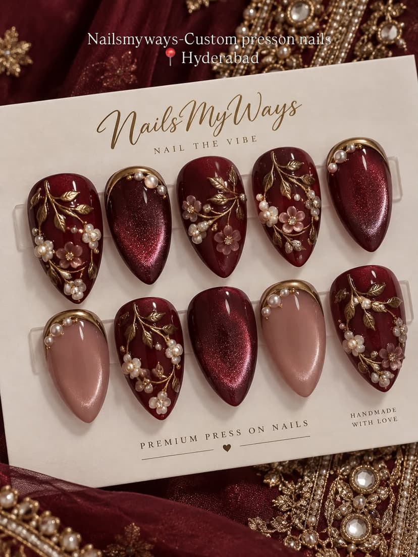 Rich Maroon & Gold Bridal Nail Set